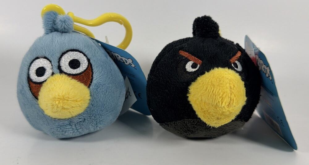 2 2010 3” Angry Birds Plush Keychains - Blue & Black - Commonwealth Toys - New